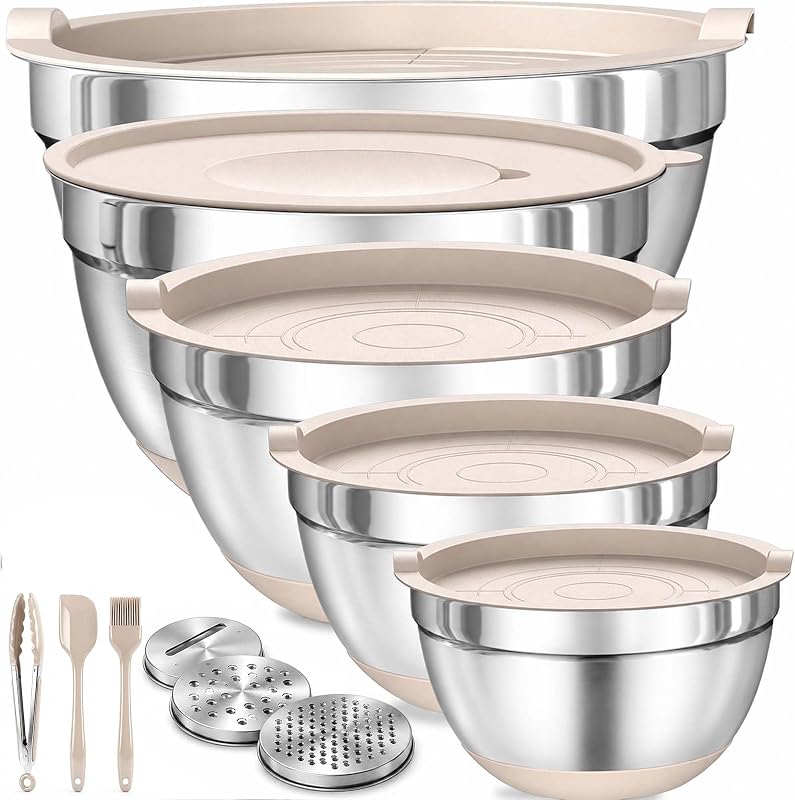 Four Flowers Stainless Steel Mixing Bowls with Lids, 11-Piece Nesting Set