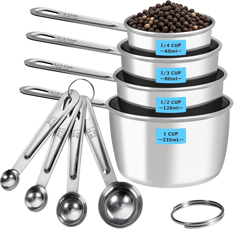 8 PCS Stainless Steel Measuring Cups and Spoons Set, Engraved Metric & US Measurement Measuring Cups and Spoo…