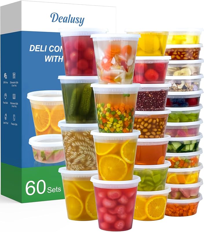 Dealusy 60 Set Deli Containers with Lids, 32/16/8 oz X 20 Set Each