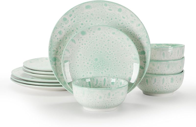 Sweejar 12 Pcs Speckled Glaze Ceramic Dinnerware Set for 4, Mint Green