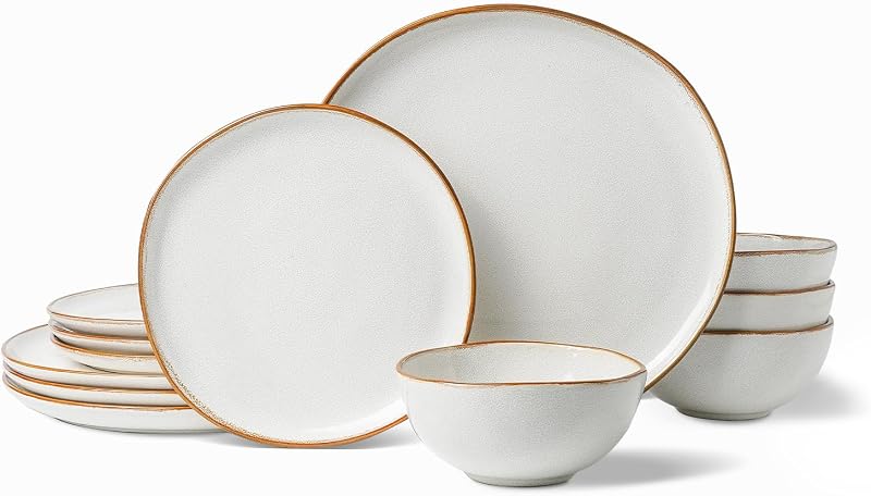 Stoneware Dinnerware Sets for 4, Reactive Glaze Plates and Bowls, White