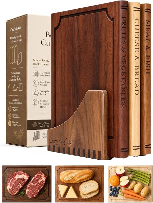 Book Cutting Board Set with Stand,3-Piece Real Hardwood Kitchen Boards