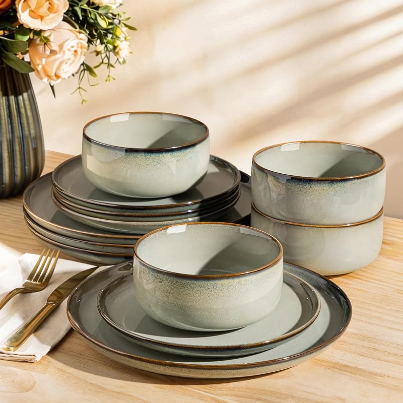 TheTerra Ceramic Dinnerware Set for 4, 12-Piece Plates and Bowls Set