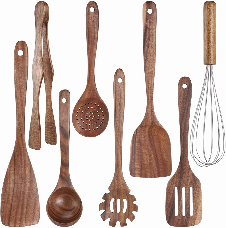 8 PCS Acacia Wood Cooking Utensil Set for Nonstick Cookware, Heat-Resistant