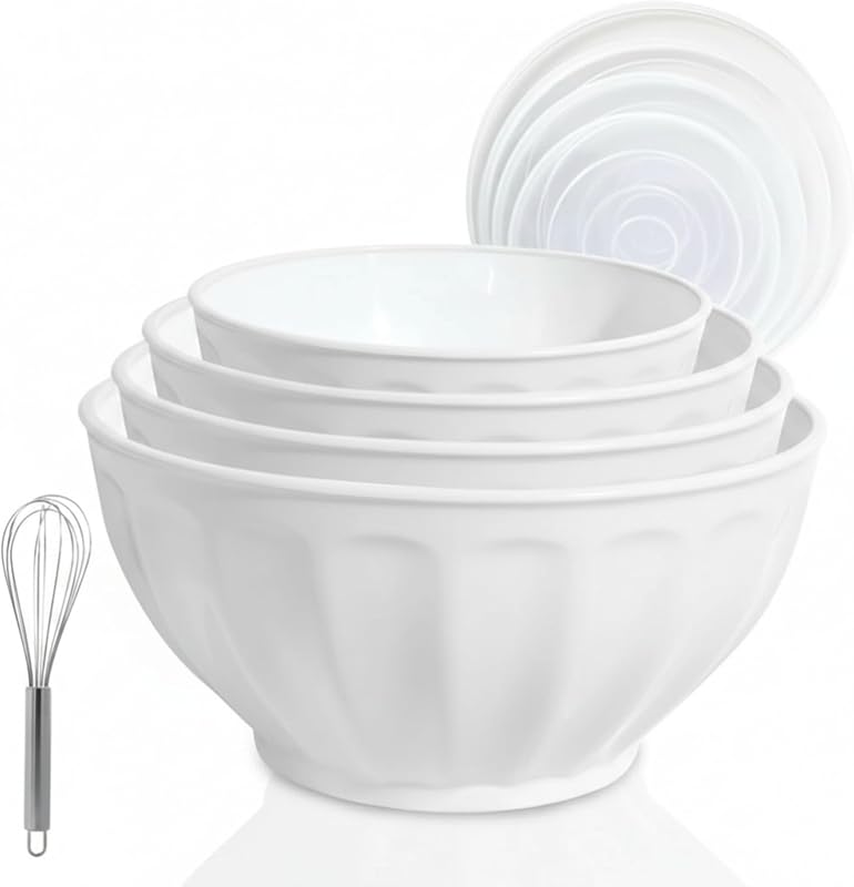 Mixing Bowl Set with Lids,4 Plastic Bowls for Serving Baking,White